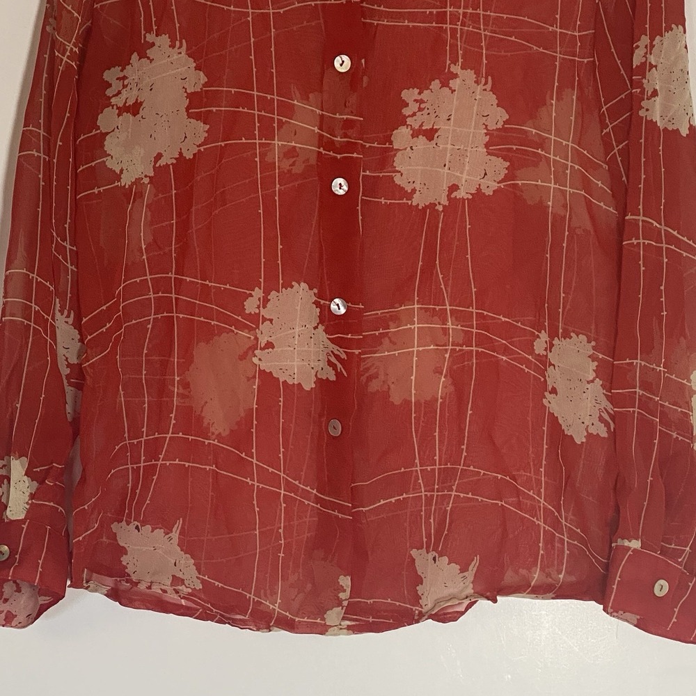 Impressions Top Womens Small Red Multi Abstract Sheer Classy Button Up Dressy S - Picture 3 of 16